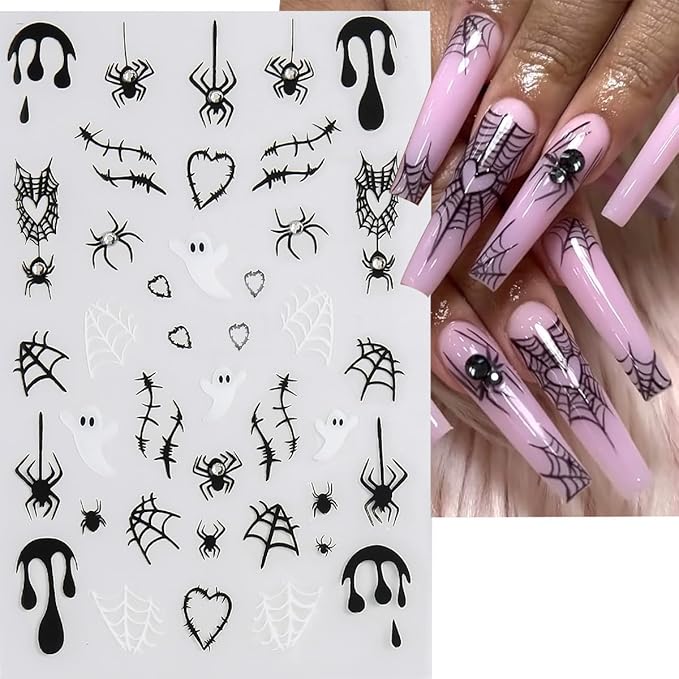 4 Sheets Halloween 5D Embossed Spider Nail Stickers for Nail Art Exquisite Glitter Rhinestones Nail Design Stickers Self-Adhesive Evil Eye Nail Decals Holiday Nail Art Decoration for Women DIY Set