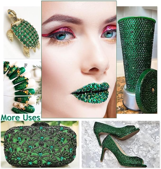 28 Types Green Jelly Resin Rhinestones w B7000 Jewelry Glue for Bedazzling Crafting 3mm-6mm Flatback Colorful Light Green Dark Green AB Stones Gems Diamonds for Nail Face Makeup Crafts Tumblers