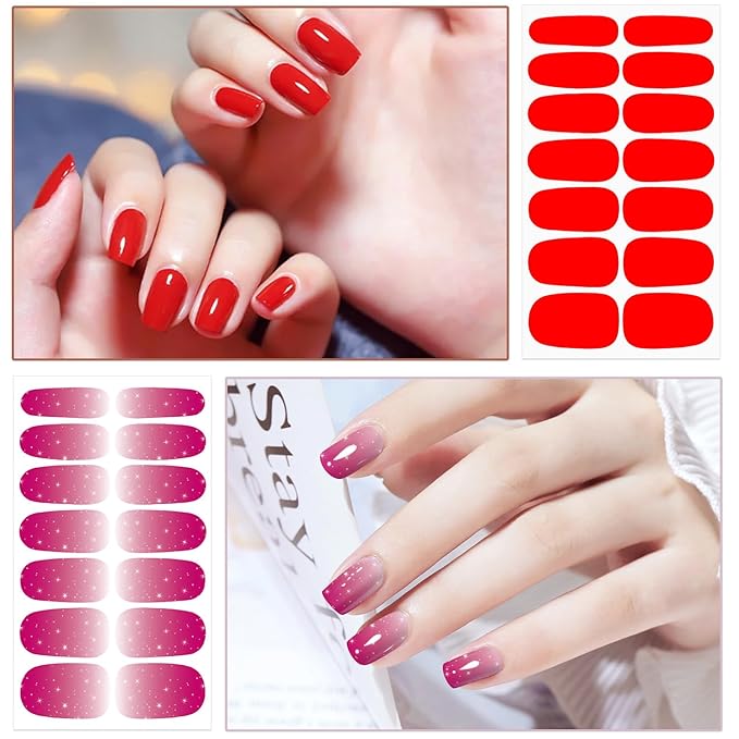 Wokoto 20 Sheets Pink & Red Nail Wraps - Solid & Gradient Designs, Stickers, Full Nail Wraps, Art Decals