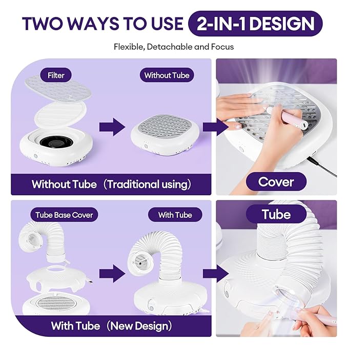 Nail Dust Collector Tech Professional with LED Light & 360° Flexible Tube, Powerful Suction (650PA), 3 Adjustable Speeds, Ultra-Quiet (45-60dB) for Dust-Free Manicure, Pedicure, Model/Craft Sanding