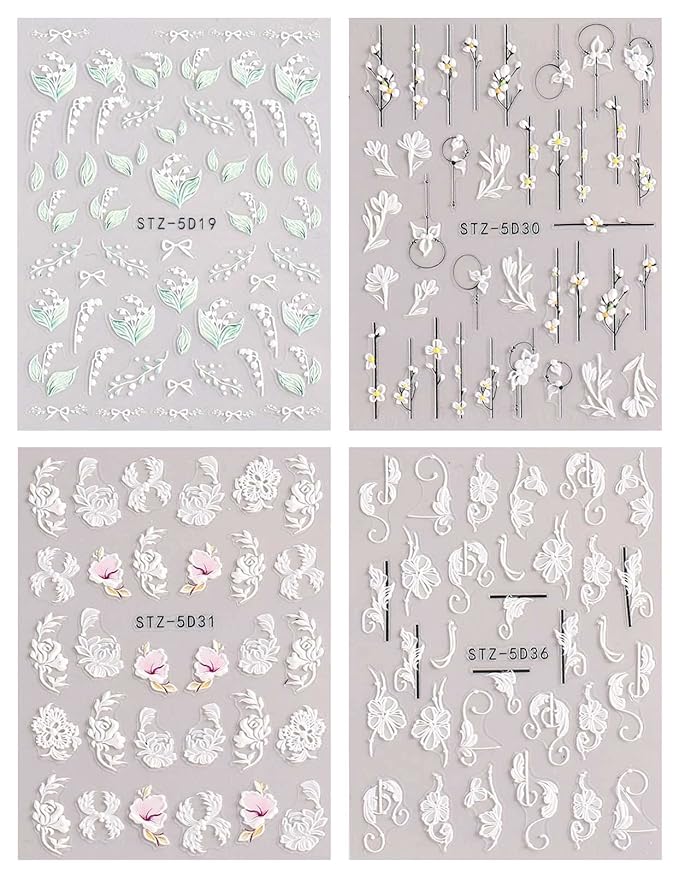 JMEOWIO 3D Embossed Spring Flower Nail Art Stickers Decals Self-Adhesive Pegatinas Uñas 5D Colorful Summer Floral Nail Supplies Nail Art Design Decoration Accessories 4 Sheets