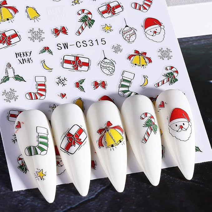 Christmas Nail Art Stickers Decals 3D Christmas Nail Stickers for Nail Art 6PCS Gingerbread Man Candy Cane Santa Claus Holly Cartoon Xmas Nails Design Adhesive Sliders Accessories for Nail Decorations