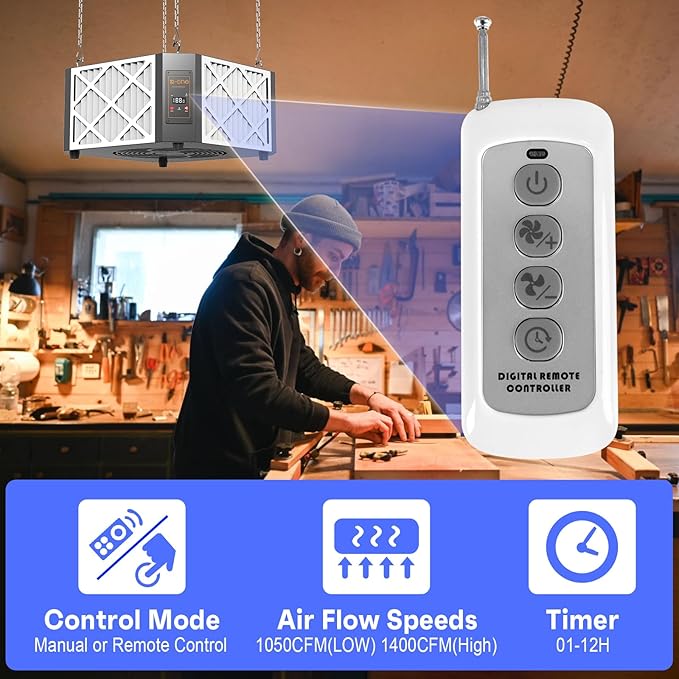 Air Filtration System, 360 Degree 2-Speed(1050/1400 CFM) Hanging Ceiling Dust Collectors for Woodworking, Remote Controlled Dust Collection Systems, 2 Stage Filtration, for Shop Garage