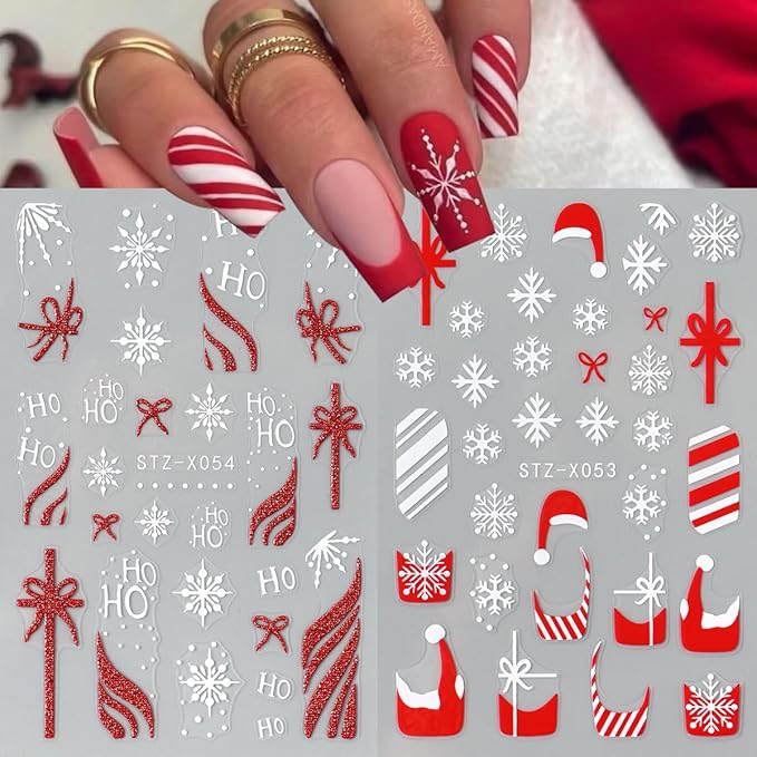 French Snowflake Christmas Bow Nail Art Stickers 3D Embossed Gingerbread Man Christmas Hat Cute Elk Acrylic Nail Decals Women Girls DIY Nail Salon 6 Sheets