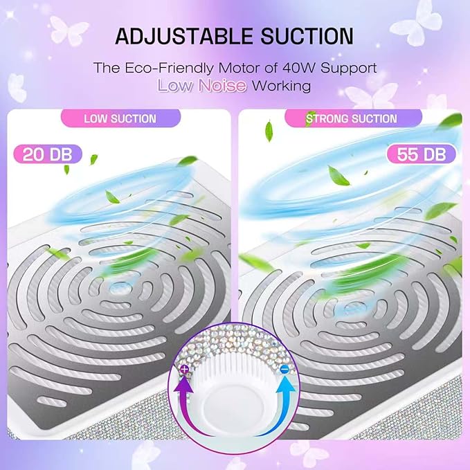 Nail Dust Collector Nail Tech with Lamp & 50PCS Disposal Filters, Powerful Rhinestone Nail Vacuum Vent Fan Dust Collector Extractor Cleaner Machine for Manicure Acrylic Gel Nails Polishing, Salon&Home