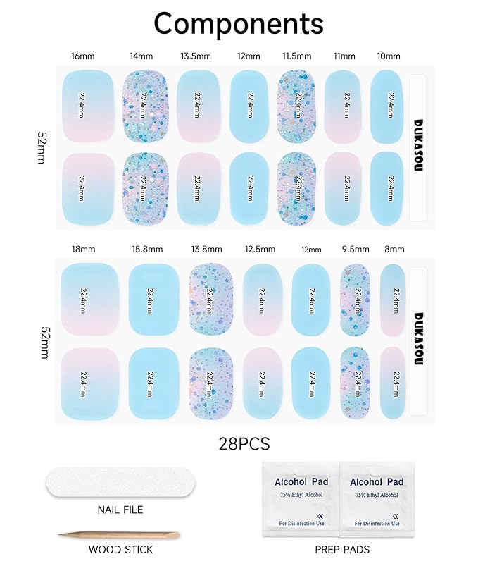 Semi Cured Gel Nail Strips (Summer Blue), 28 pcs UV Gel Nail Stickers for Women Work with Any UV Lamps, Salon Quality Nails Wraps for Home DIY Nails Art