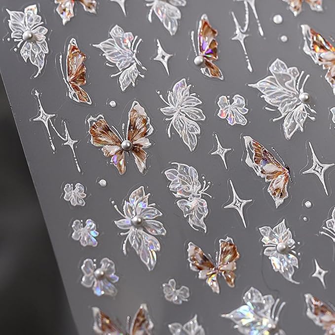 Butterfly Nail Stickers for Nail Art 5D Embossed Pearl Rhinestone Butterfly Nail Art Decals Laser Butterfly Flower Starlight Nail Designs Self Adhesive Nail Art Supplies for Women Nail Art Decoration