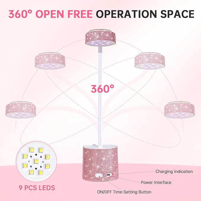 UV LED Nail Lamp, Mini UV Light for Gel Nails Polish, Rechargeable LED Flash Cure Nail Dryer, Quick Drying Goosenecks UV Nail Lamp for Home Nail Salon DIY Manicure, Pink Diamond