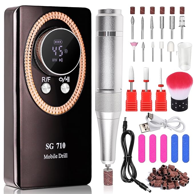 Electric Nail File for Acrylic Nail Kit, 45000RPM Electric Nail Drill Professional Manicure Pedicure Set with Nail Drill Kit Bits, Efile Cordless for Manicure