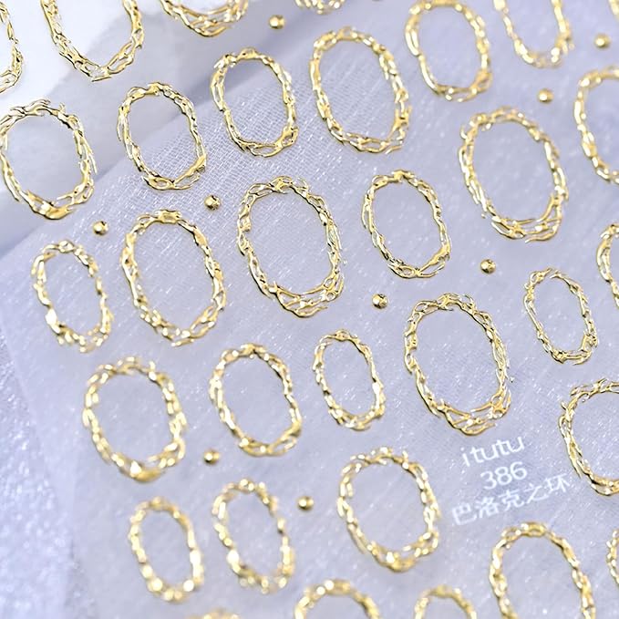Gold Nail Art Stickers 5D Embossed Nail Stickers Circle Hollow Nail Decals Geometric Frames for Nails Designs Self-Adhesive Nail Art Supplies for Women Girls Summer DIY Manicure