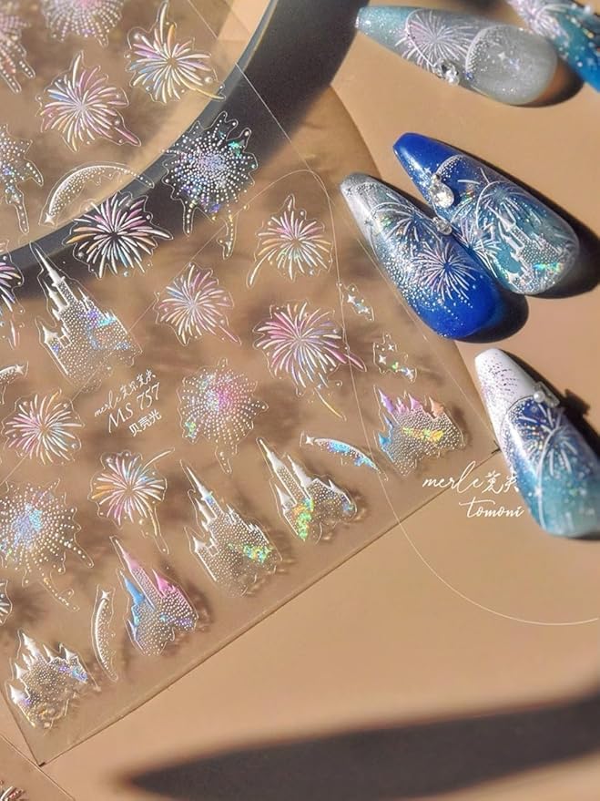 Fireworks Nail Stickers 5D Embossed – Premium Salon-Quality Nail Charm Accessories, Easy Application & Self-Adhesive Pink Festival Theme Park Sticker, DIY Manicure, Nail Art, Press on, Home or Salon