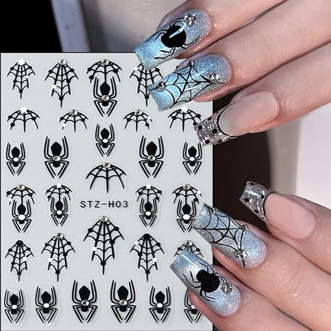 6Pcs Halloween Nail Art Stickers Decals Black Red Spider Nail Stickers with Rhinestones Design Heart Spider Web Nail Decals 3D Bat Blood Moon Star Horror Halloween Stickers for Women Manicure Supplies