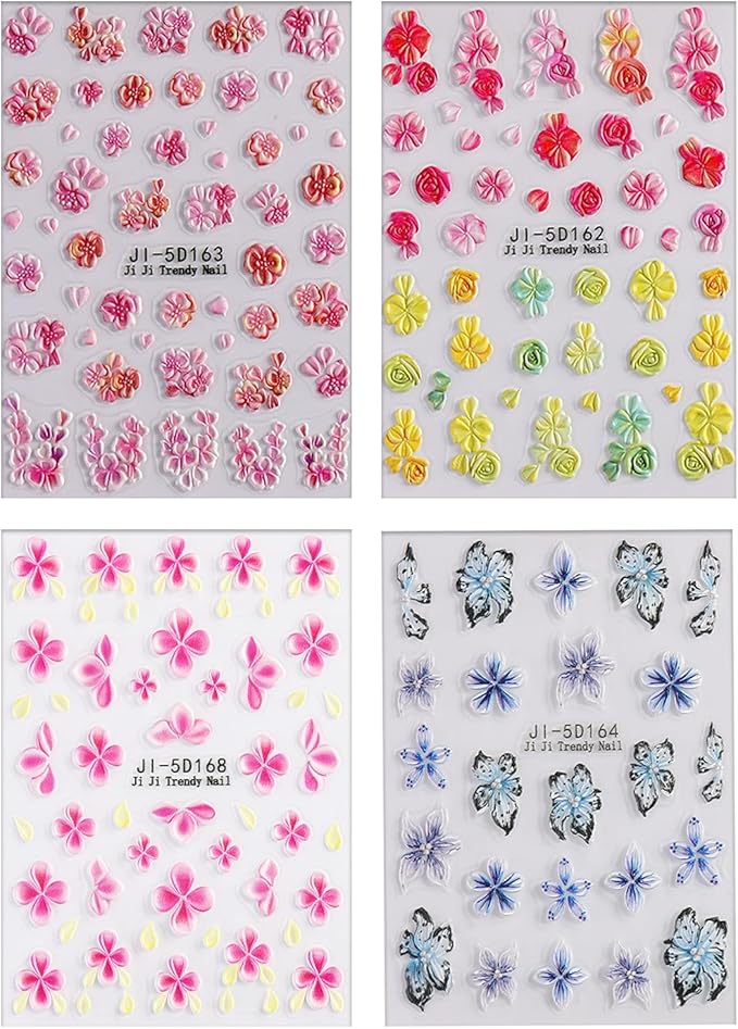 4 Sheets 5D Flower Nail Art Sticker Stereoscopic Floral Self-Adhesive Nails Stickers Blossom Nail Art Decals Holographic Flowers Decal for Women Pink Blue Red Manicure Stickers DIY Nails Supplies