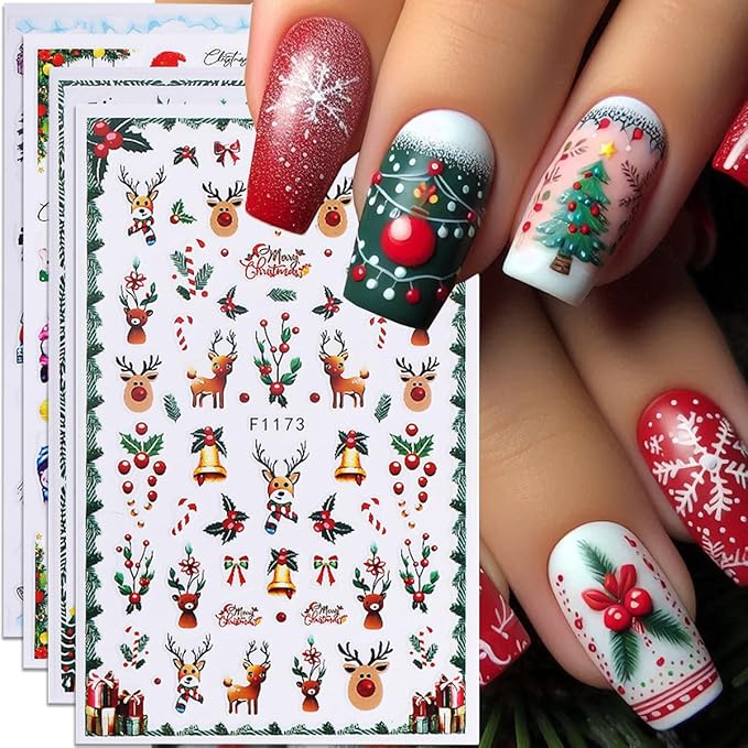 Christmas Nail Art Stickers Decals 3D Self-Adhesive Christmas Nail Stickers Nail Art Supplies 8PCS Elk Holly Santa Claus Green Leaf Snowy Tree Xmas Manicure Sliders for Winter Holiday Nail Decorations