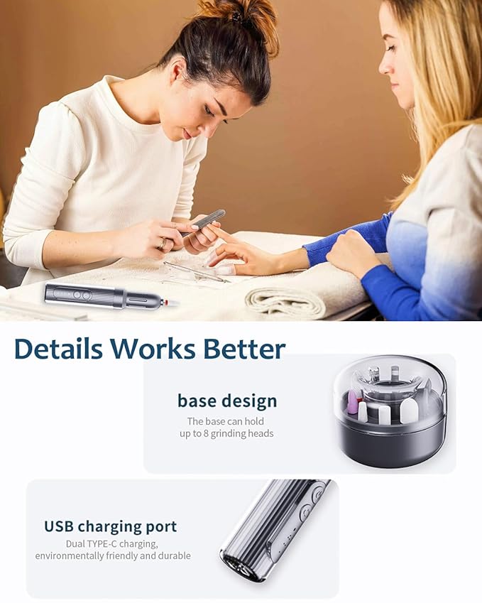Electric Nail File Drill Machine - Professional Nail Drill for Acrylic Gel Nail Polish Cuticle Removing - 18000RPM Cordless Efile Grinder with Bits for Thick Toenail Filer 6 Speeds Manicure Salon Home