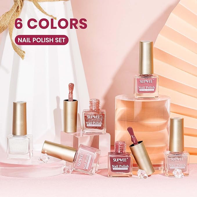 Nude Pink Nail Polish Set, Quick Dry Sheer Regular Nail Polish White Light Pink Glitter Fingernail Polish Natural Neutral Nail Lacquer High Glossy Nail Manicure DIY Salon Gift for Women Girl