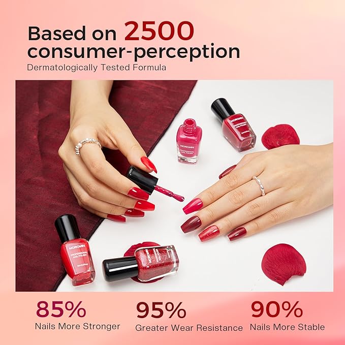 Morovan Red Nail Polish Set: Glitter Bright Burgundy Cherry Christmas Red Fingernail Polish Kit Shimmer Sparkle Air Quick Dry Nail Polish Pack for Nail Art Manicure Holiday Party Gift for Women Girls