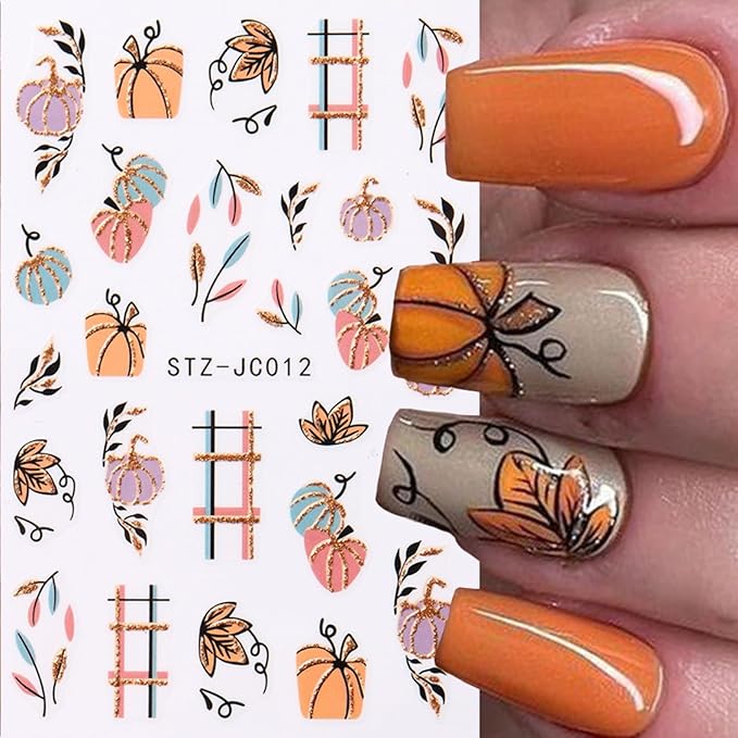 6Pcs Fall Nail Stickers for Nails Art Cute Pumpkin Nail Decals Maple Leaf Nail Art Stickers 3D Self-Adhesive Autumn Leaf Nails Supplies Thanksgiving Manicure Sliders for Women Nails Art Decorations