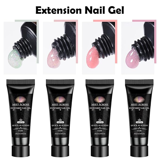 MEET ACROSS Poly Nail Gel 10Pcs Nail Extension Gel Set and Nail Extension Starter Kit for Beginners Nail Art DIY Home Gifts for Women (Glitter, 12pcs)