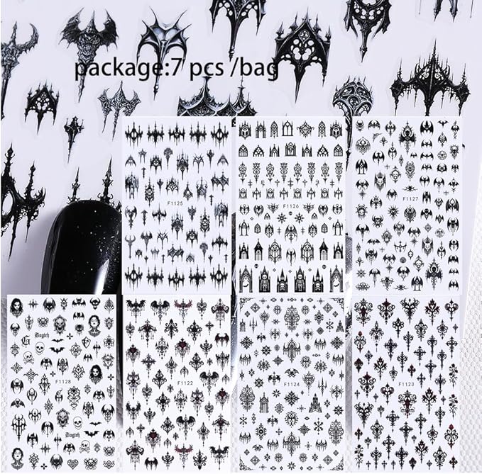 7 Sheets Black Gothic Nail Stickers for Nail Art, 3D Self-Adhesive Witchy Halloween Nail Decals, Nail Supplies Nail Art Designs Accessories for Women and Girls Manicure DIY Decoration