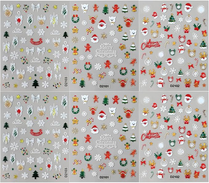 Christmas Nail Art Stickers Decals Crystal Ball Snowflake Nail Decals 3D Self-Adhesive Xmas Nail Art Supplies 6PCS Snowman Holly Leaf Santa Claus Bow Xmas Nails Design Manicure Slider for Women Girls