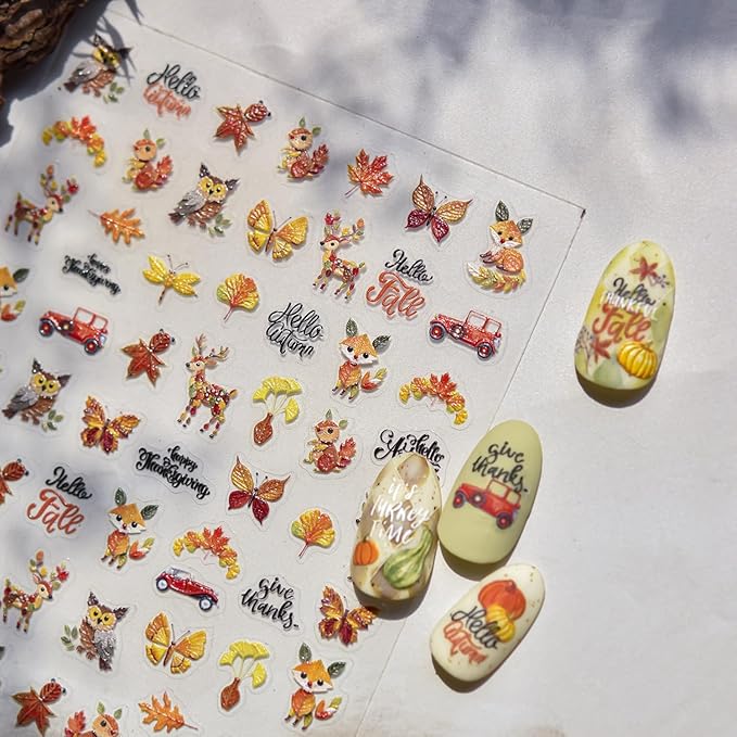 1Sheet 5D Relief Ginkgo Maple Leaf Stickers for Nails Design Embossed Fall Leaves Nail Art Stickers Autumn Maple Leaf Nail Decals Thanksgiving Day Fox Nail Supplies Manicure Decoration for Women