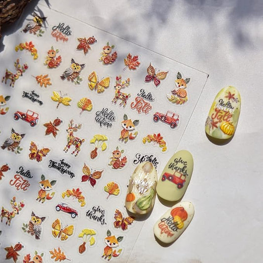 1Sheet 5D Relief Ginkgo Maple Leaf Stickers for Nails Design Embossed Fall Leaves Nail Art Stickers Autumn Maple Leaf Nail Decals Thanksgiving Day Fox Nail Supplies Manicure Decoration for Women