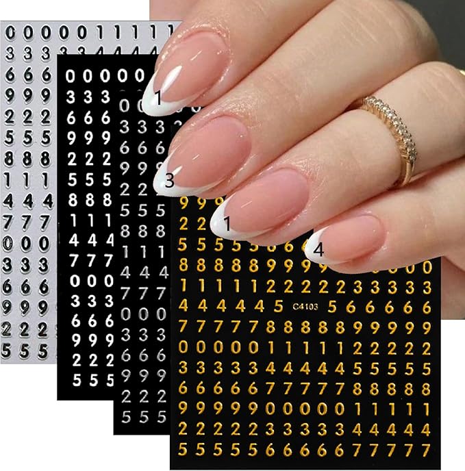 8 Sheets Holographic Digital Letter Nail Art Stickers 3D Self-Adhesive Black and White Letter Nail Stickers Gold and Silver English Characters Design Nail Supplies Women DIY Nail Art Decoration