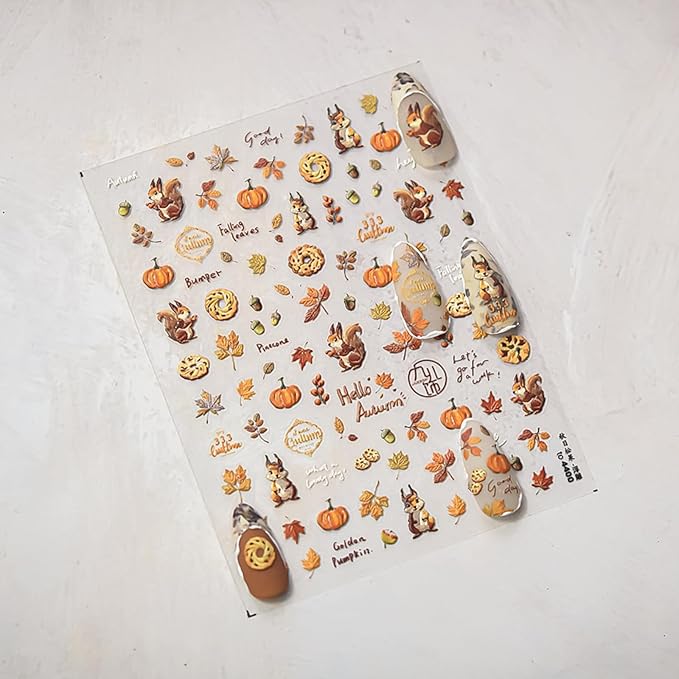 Fall Nail Art Stickers 5D Embossed Autumn Nail Decals Squirrel Nail Stickers Maple Leaf Pumpkin Nail Art Supplies Fallen Leaves Pine Cones Nails Slider for Women Thanksgiving Day Manicure Decoration