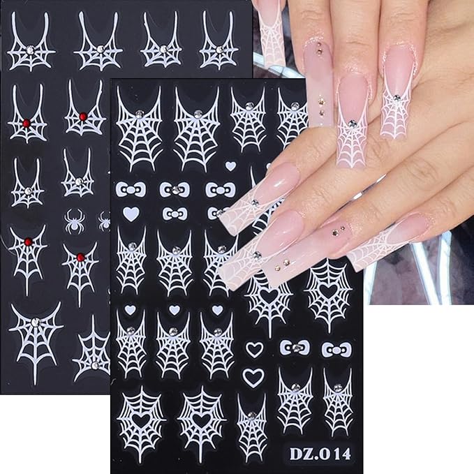 4Pcs Halloween Nail Art Stickers Decals with Rhinestones Design Spider Web Nail Stickers Glitter Gold Silver White Bow Spider Nail Decals Goth Nail Art Supplies Halloween Decoration for Manicure