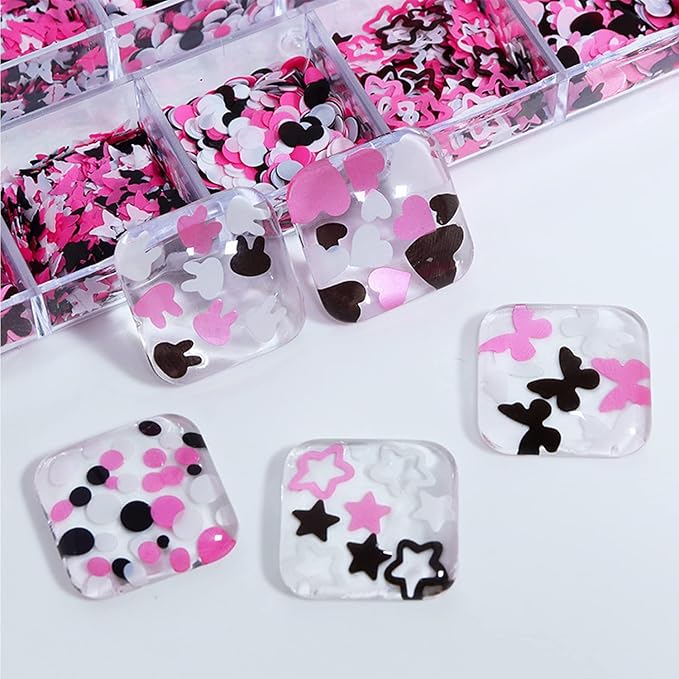 Nail Art Glitter Flakes 12 Grids Nail Sequins Love Heart Butterfly Stars Round Rabbit Nail Supplies Mixed 3 Colors Glitter Nail Charms Designs DIY Nail Decorations Nail Art Accessories for Women Girls