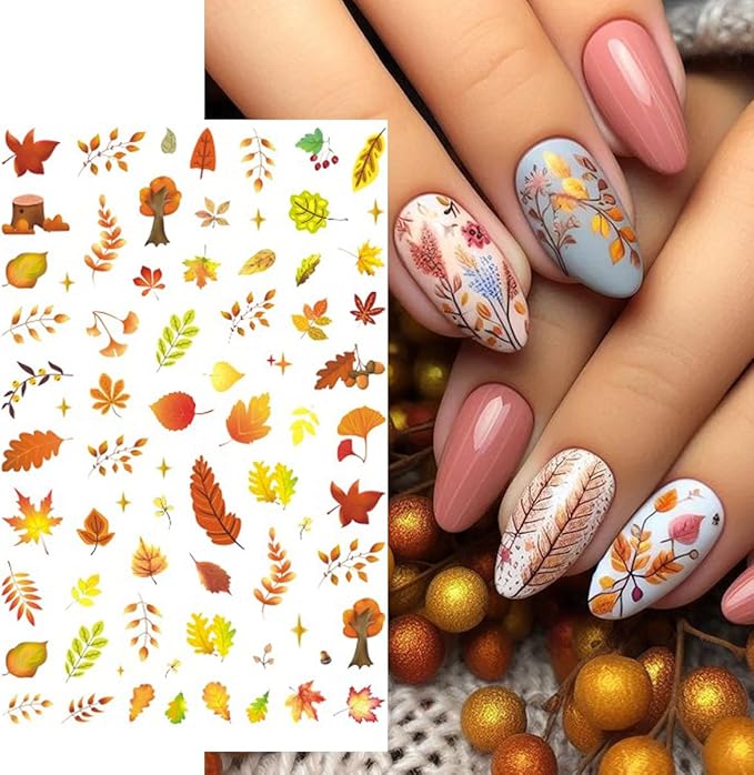 6Pcs Fall Nail Stickers for Nails Art - Cute Pumpkin Nail Decals Yellow Fallen Leaves for Nails Autumn Maple Leaf Theme Thanksgiving Nail Design Adhesive Sticker Sliders for Women Nail Art Decorations