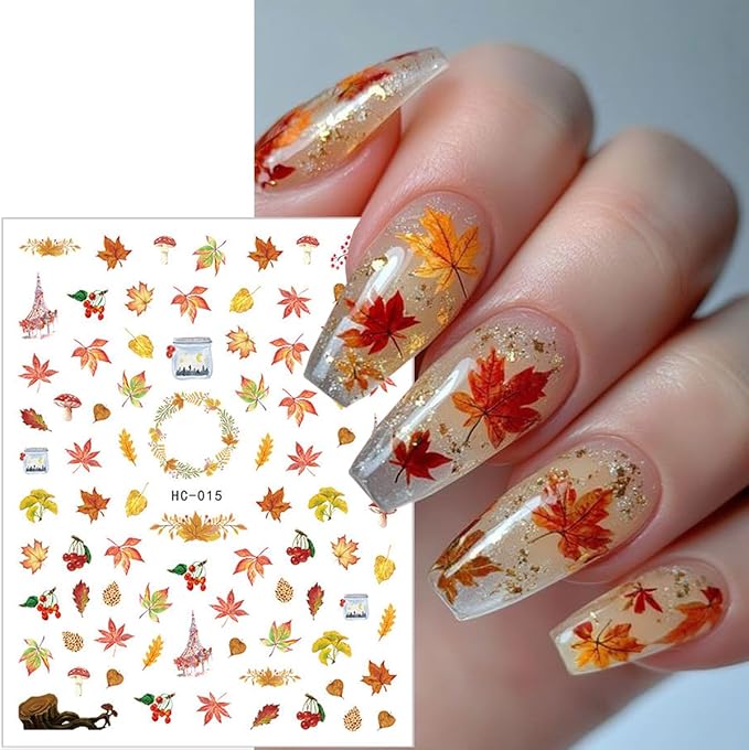 8 PCS Fall Nail Stickers for Nail Art 3D Self Adhesive Autumn Maple Leaf Design Nail Art Decals Thanksgiving Day Salon Accessories Cute Manicure Sticker for Women Holiday DIY Acrylic Nails
