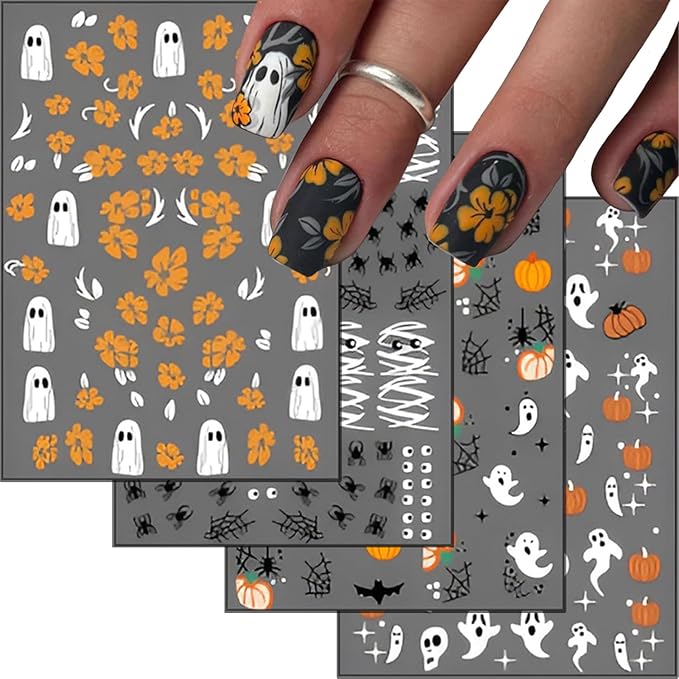 12sheet Halloween Nail Art Stickers Decals Flower 3D Self-Adhesive Nail Stickers with Mummy Ghost Design Nail Stickers for Nail Art Spider Web Pumpkin Nails Supplies for Women Manicure Decor