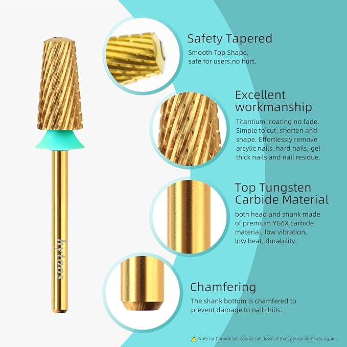 Coarse Safety Tapered Nail Drill Bits,Titanium Coating Round Top 3/32 Carbide Bit, Two-way Rotate for Both Hand, Nails Drills Accessories Gel Remover Tool (C, titanium)