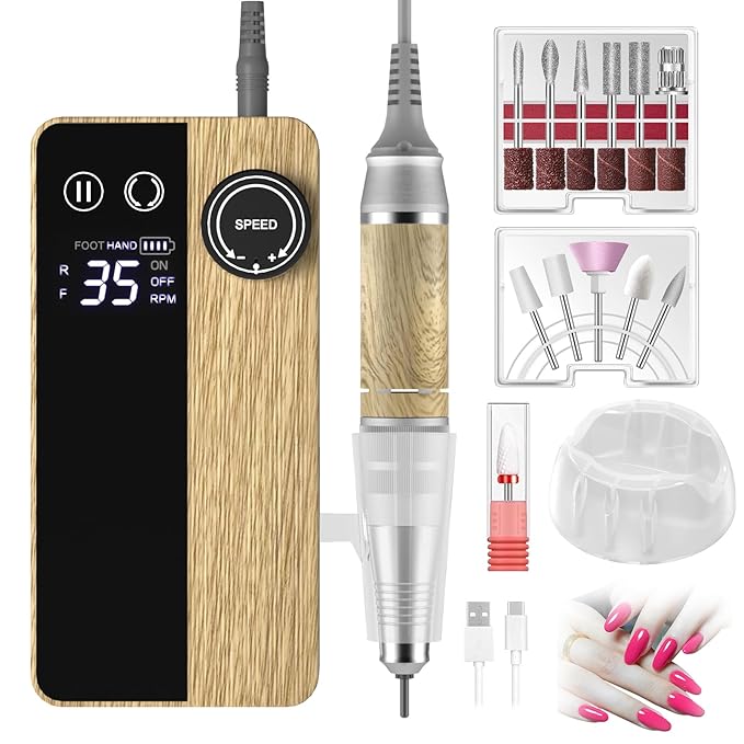 35000RPM Nail Drill Professional, Rechargeable Electric Nail File，Cordless Nail File Portable Efile for Acrylic Gel Nails Remove, 12Pcs Nail Drill Bits, Super Silent Shockproof and not hot