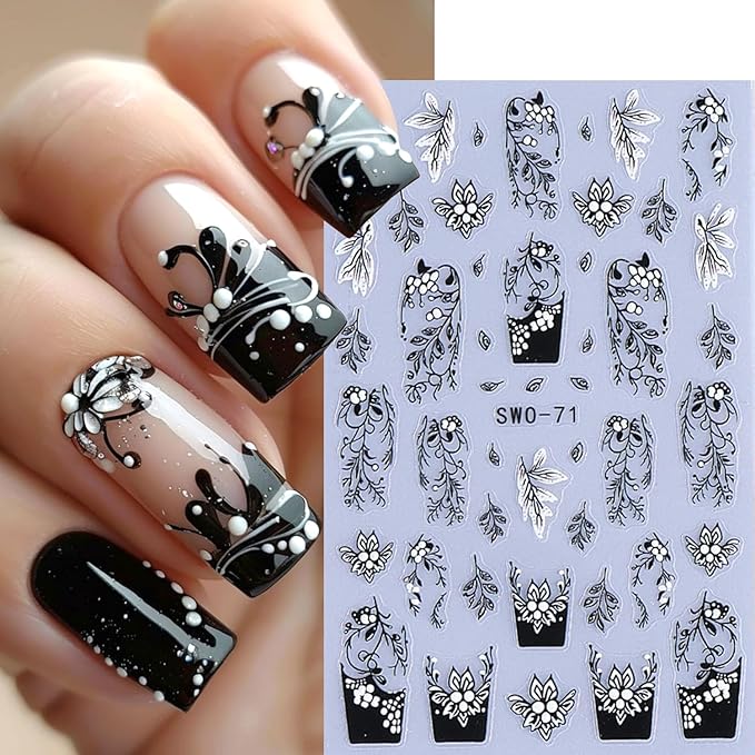 2Sheets Retro Black White Vine Flowers Nail Art Stickers 3D Embossed Pink Flower Vine Designs Nail Decals Self-Adhesive Floral Leaves French Nail Sticker Spring Nails Supplies for Women Nails Decor