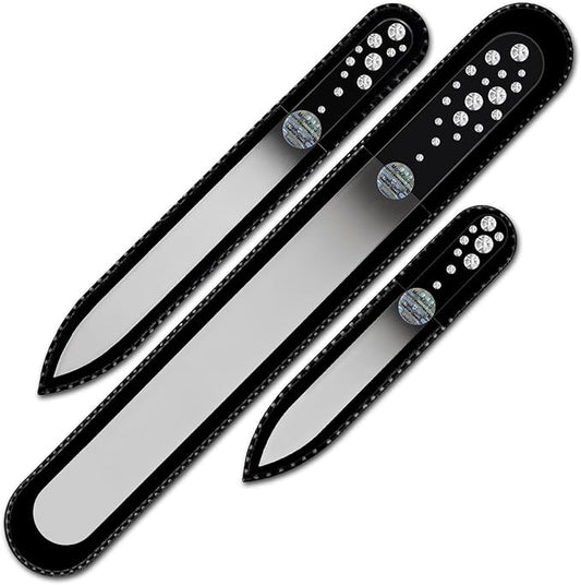 Mont Bleu Set of 3 Glass Nail Files Hand Decorated with Crystals from Swarovski® | Hand Made, Czech Tempered Glass, Lifetime Guaranty