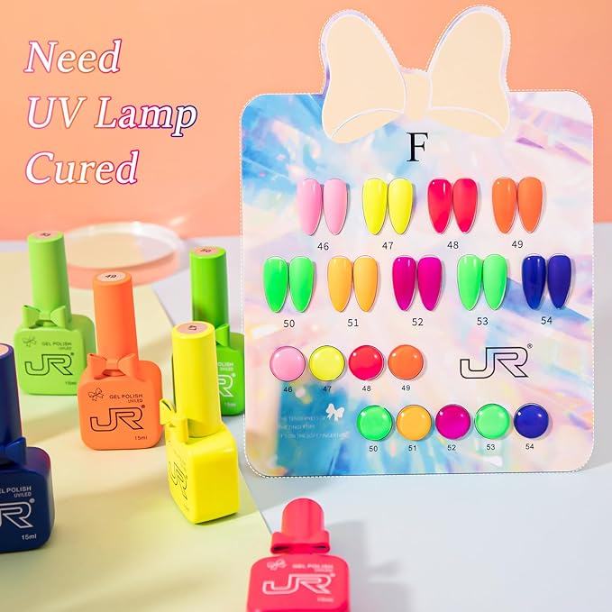 JR 9pcs 0.5oz Neon Gel Nail Polish Set Including Red Pink Nude Blue Orange Profesional Gel Polish Kit Soak Off Polish Home DIY Soak Off UV LED Nail Gel Kit DIY Manicure