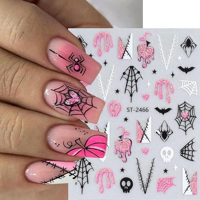 6 Sheets Halloween Nail Art Stickers Glitter Pink Nail Stickers Spider Web Nail Decals Pumpkin Line French Tips Heart Design Ghost Nail Sticker for Nail Art for Women DIY Holiday Manicure Supplies