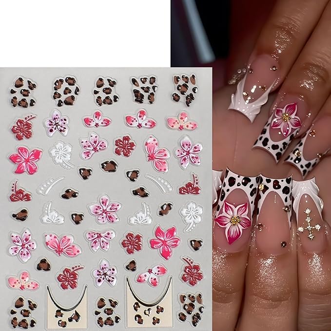 6 Pcs Fall Winter Flower Nail Art Stickers Decals Leopard Print French Flowers Nail Decals 5D Embossed Golden Circle Hibiscus Nails Designs Vacation Fall Brown Leopard Flower Nail Supplies for Women
