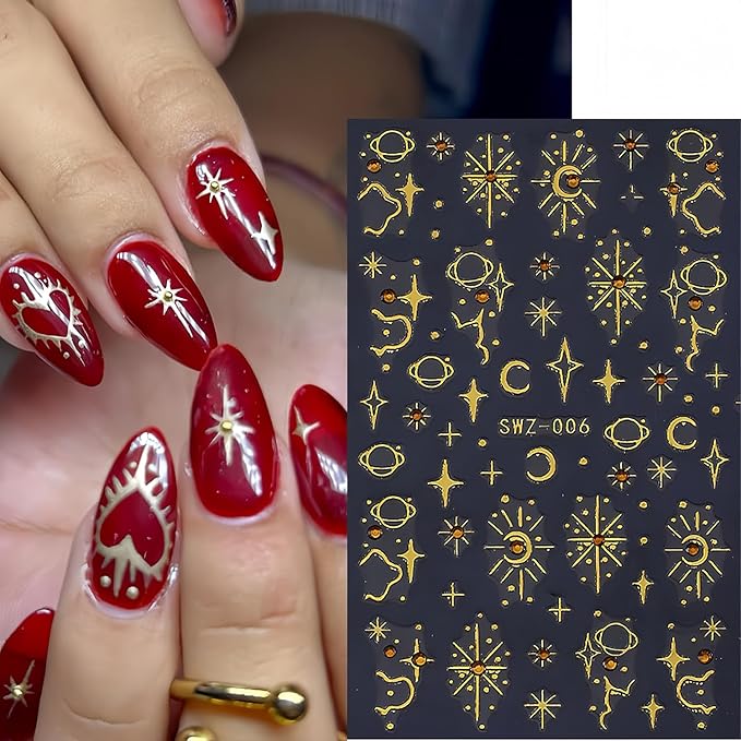 5 Sheets Star Nail Art Stickers 3D Self-Adhesive Gold Stars Starlight Nail Stickers with Red Rhinestones Design Nail Decals Star Moon Nails Sticker for Women Daily DIY Manicure Decoration