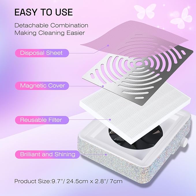 Nail Dust Collector Nail Tech with Lamp & 50PCS Disposal Filters, Powerful Rhinestone Nail Vacuum Vent Fan Dust Collector Extractor Cleaner Machine for Manicure Acrylic Gel Nails Polishing, Salon&Home