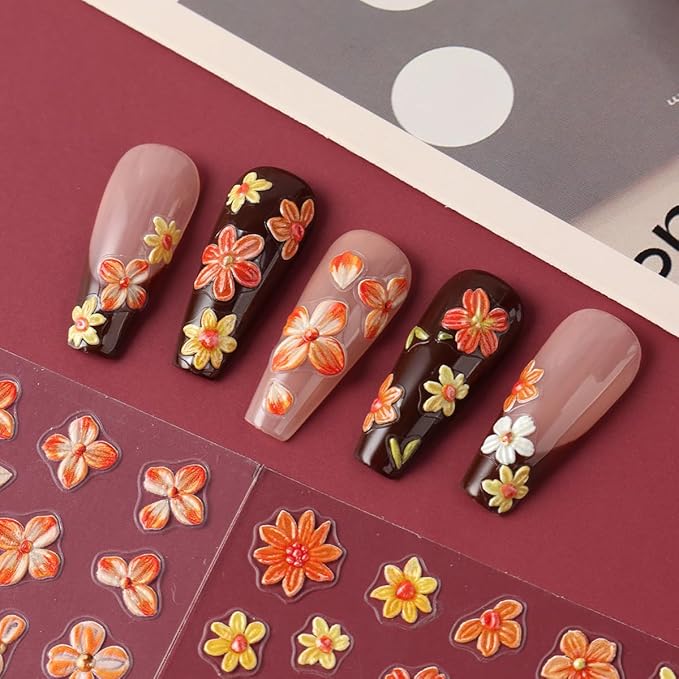 2Pcs Thanksgiving Nail Stickers Fall Decals for Nail Art Orange Flowers Nail Design White Flowers Nails Supplies 5D Embossed Yellow Flower Nials Acrylic Accessories for Women DIY Manicure Decoration