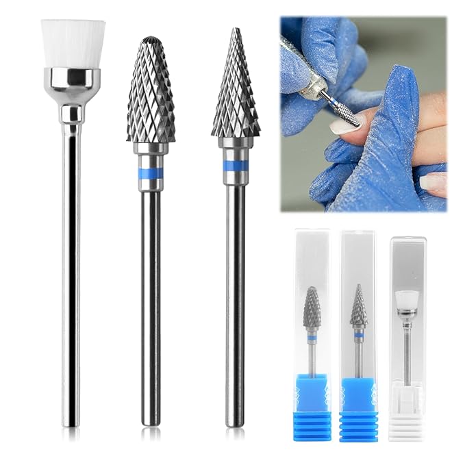 3 Pack Professional Carbide Nail Drill Bits Set with Cleaning Brush, 3/32" 5 in 1 Tungsten Safety Cuticle Bits for Manicure Pedicure Gel Polish Removal (Medium Teeth, Round & Pointed Head)