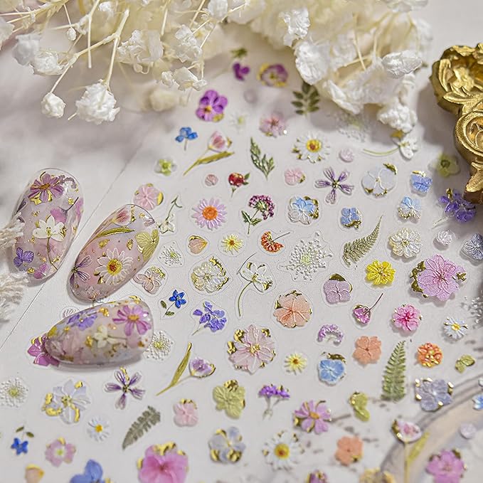 Flowers Nail Art Stickers Colorful Dried Flower Nail Decals 3D Self Adhesive Gold Foil Designs Spring Summer Nail Sticker Daisy Nail Stickers Cute Floral Nail Decal for DIY Nail Art Nails Decor Women