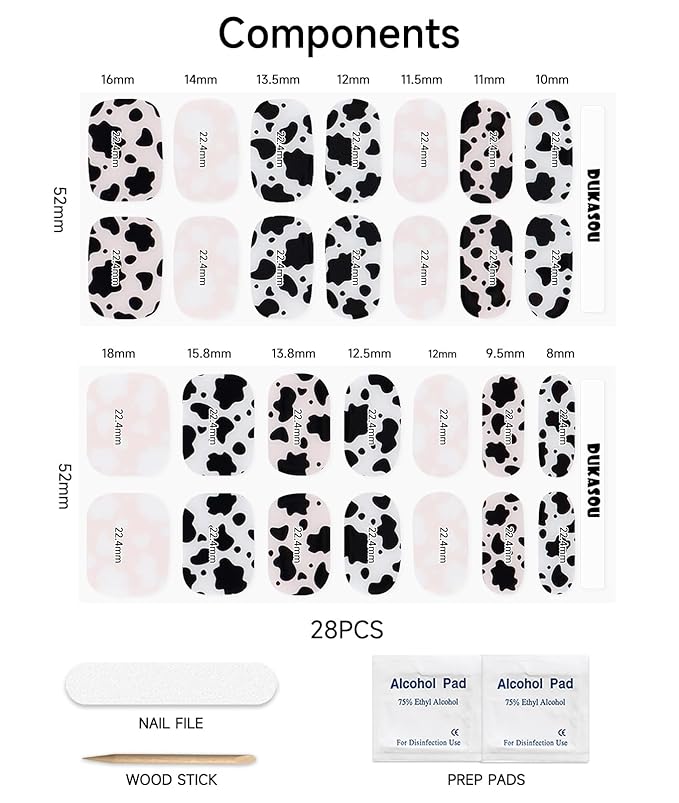 Semi Cured Gel Nail Strips (Cute Dairy Cattle), 28 pcs UV Cow Gel Nail Stickers for Women Work with Any UV Lamps, Salon Quality Nails Wraps for Home DIY Nails Art