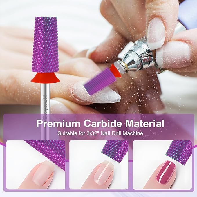 Cnynail 3/32" Large Tapered Barrel Flat Bit Tungsten Carbide Nail Drill Bit Safety Bit for Gel & Acrylic Removal, 2- Way Rotating Efile Tip, Salon Electric File Accessory (F Girt, Purple)
