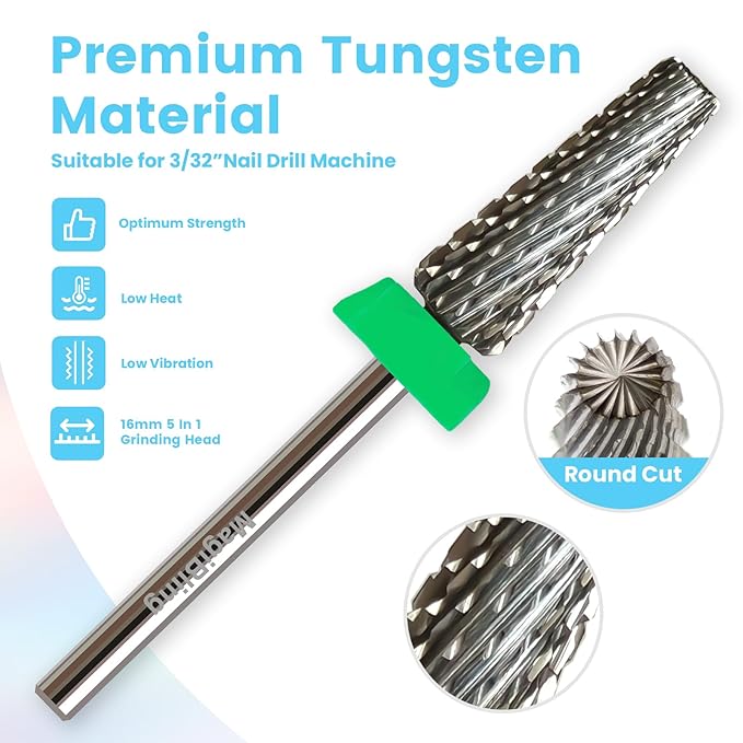 16mm 5 in 1 Tapered Barrel Nail Drill Bits, 3/32'' Safety Tungsten Carbide Bits, Right & Left Rotation, Manicure Cuticle Gel Acrylic Removal Polishing, Technicians Bits, Coarse.