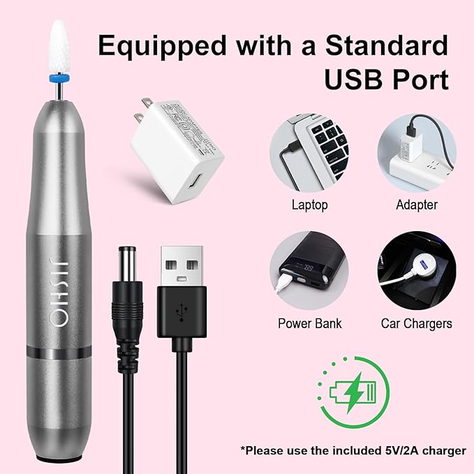JISHO Nail Drill, Electric Nail Drill Machine for Acrylic Nails, Portable Corded Nail File with Ceramic Bits, Adjustable 25000 RPM, Ideal for Beginners and Professionals (Gray)